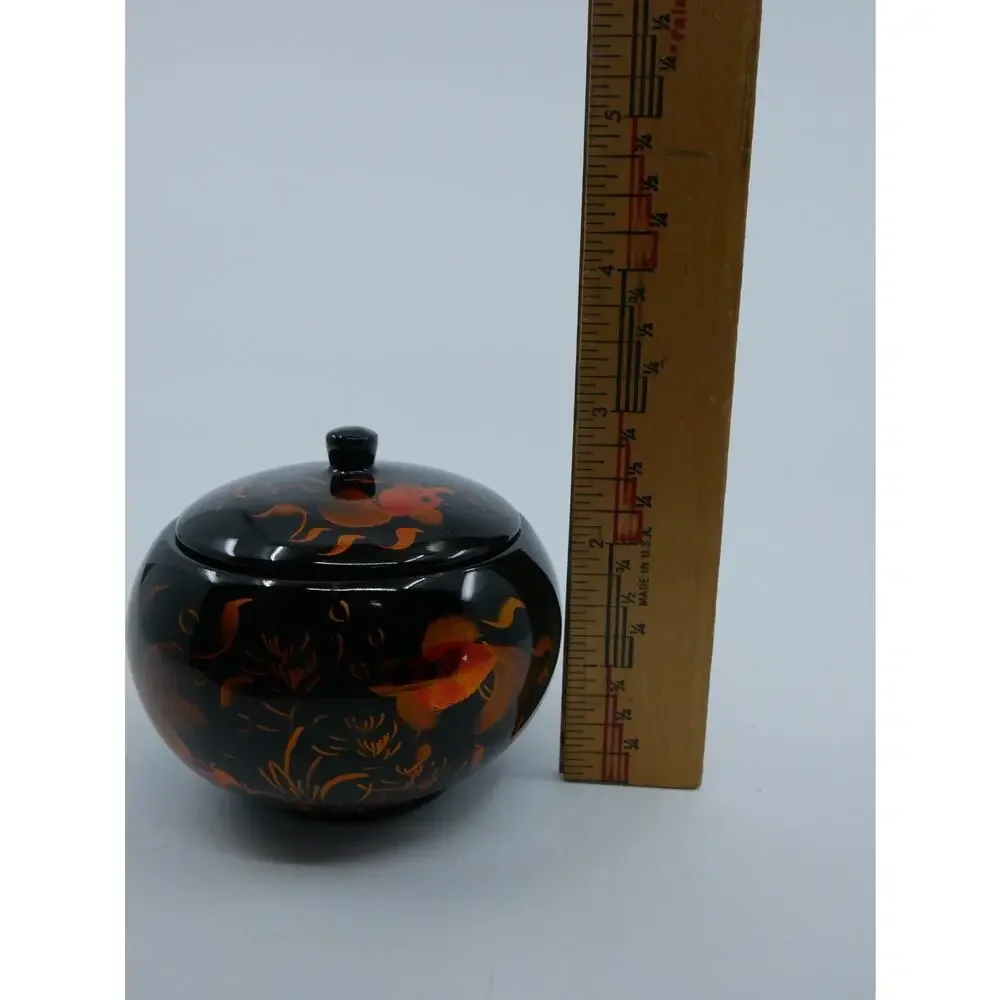 Round Lidded Lacquer Trinket Box Fancy Goldfish Hand Painted Designs Black Gloss